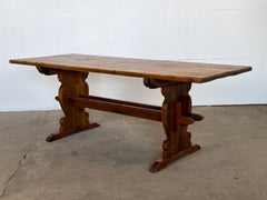Mid-Century Rustic Pine Trestle Dining Table, Scandinavian Modern Country, 1940s