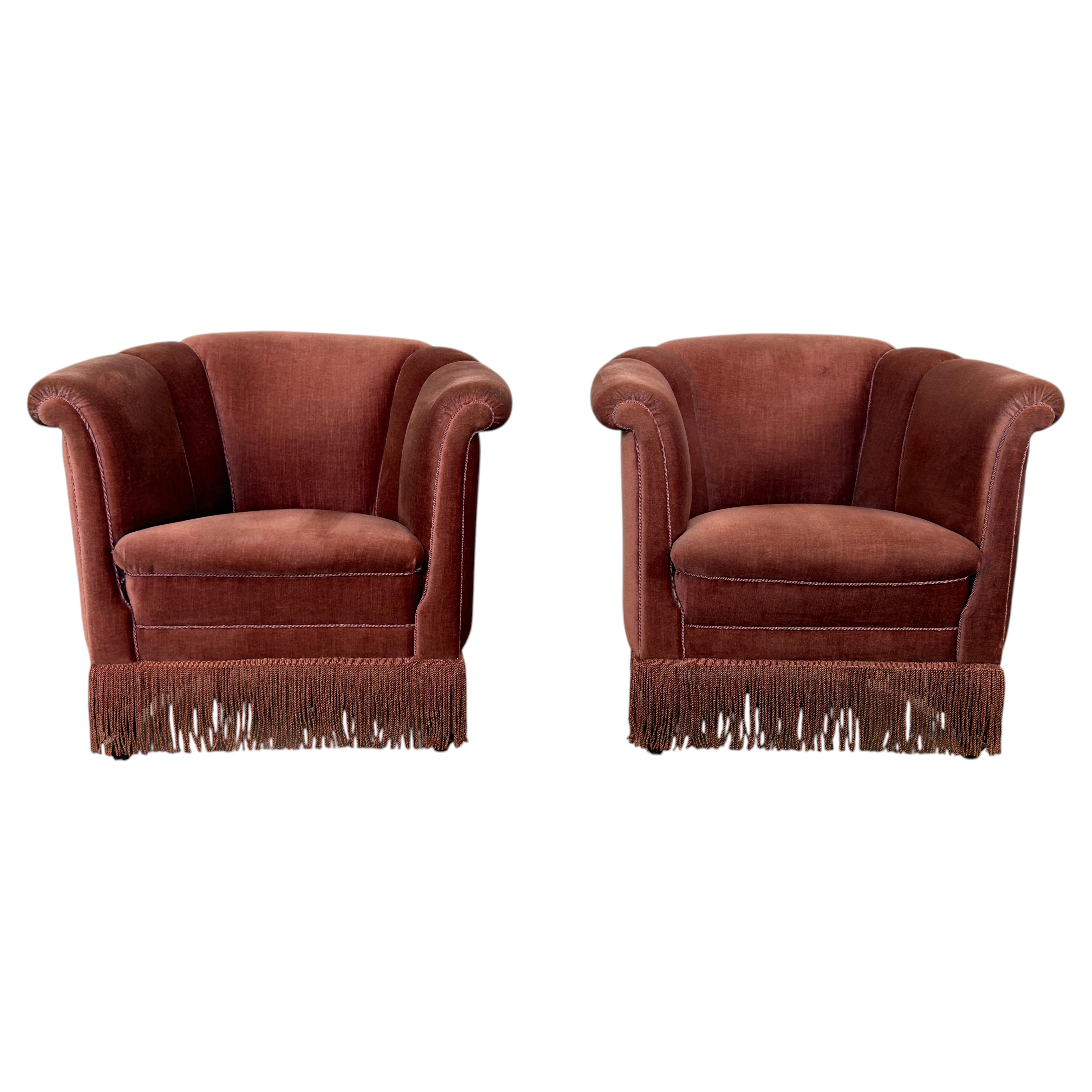 Danish Art Deco Mohair Lounge Chairs, Channel Back, 1940s, Pair