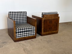 Pair Art Deco Club Armchairs in Burl Walnut, European, 1930s