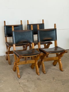 Set of 6 Dutch Brutalist Oak & Leather X-Frame Chairs by Bram Sprij, 1960s