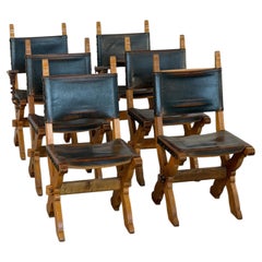 Set of 6 Dutch Brutalist Oak & Leather X-Frame Chairs by Bram Sprij, 1960s