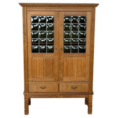 Danish Mid-Century Modern, Oak Display Cabinet with Leaded Glass Doors, 1960s