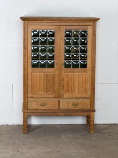 Danish Mid-Century Modern, Oak Display Cabinet with Leaded Glass Doors, 1960s