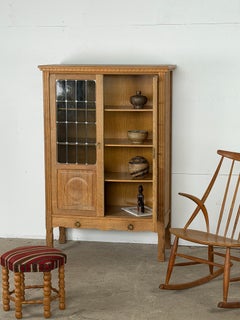 Danish Mid-Century Modern, Oak Display Cabinet with Leaded Glass Doors, 1960s