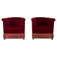 Pair of Danish Lounge Chairs in Burgundy Velvet & Beech, 1950s