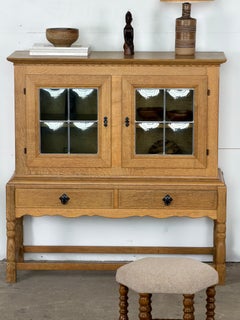 Danish Mid-Century Solid Oak Display Cabinet with Leaded Glass, 1950s