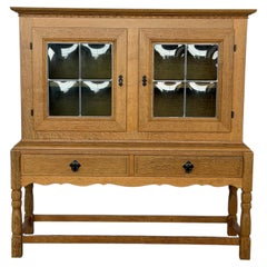 Danish Mid-Century Solid Oak Display Cabinet with Leaded Glass, 1950s