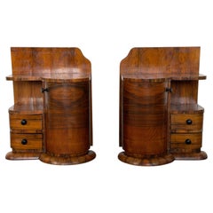 Pair of European Art Deco Walnut Bedside Tables, 1930s