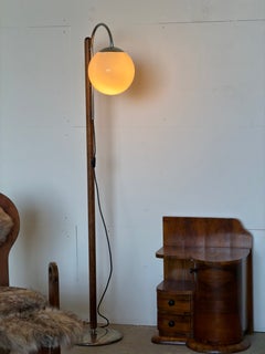 Art Deco Floor Lamp with Burl Veneer, Chrome and Globe Shade, 1930s