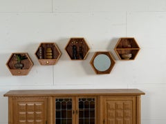 Set of Five Danish Pine Hexagonal Wall Shelves with Mirror, 1970s