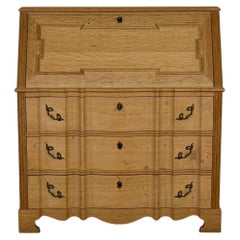 Brutalist Oak Drop-Front Secretary Desk / Bureau, Brass Handles, 1960s
