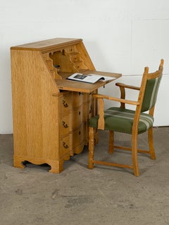 Brutalist Oak Drop-Front Secretary Desk / Bureau, Brass Handles, 1960s