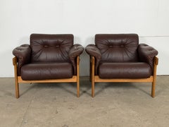 Pair of Danish Modern Oak Lounge Chairs in Dark Brown Leather, 1960-1970s