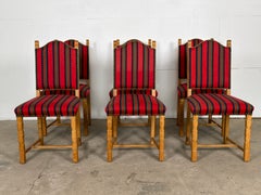 Juego de seis sillas de comedor danesas de estilo brutalista, de roble con rayas rojas, de los años 60-70