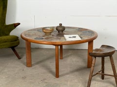 Danish Modern Round Teak & Ceramic Tile Coffee Table, Tue Poulsen, 1960s