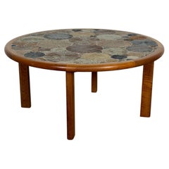 Danish Modern Round Teak & Ceramic Tile Coffee Table, Tue Poulsen, 1960s