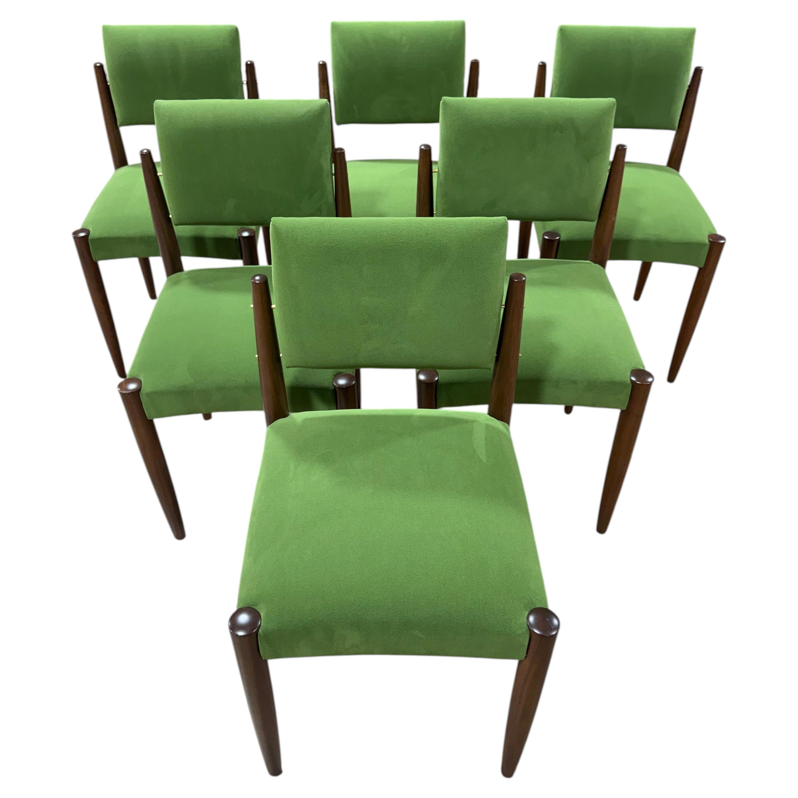 Set of 6 Italian Mid-Century Modern Dining Chairs in Walnut and Green Upholstery