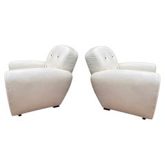 Pair of Ralph Lauren White Leather Club Chairs in the Art Deco Style