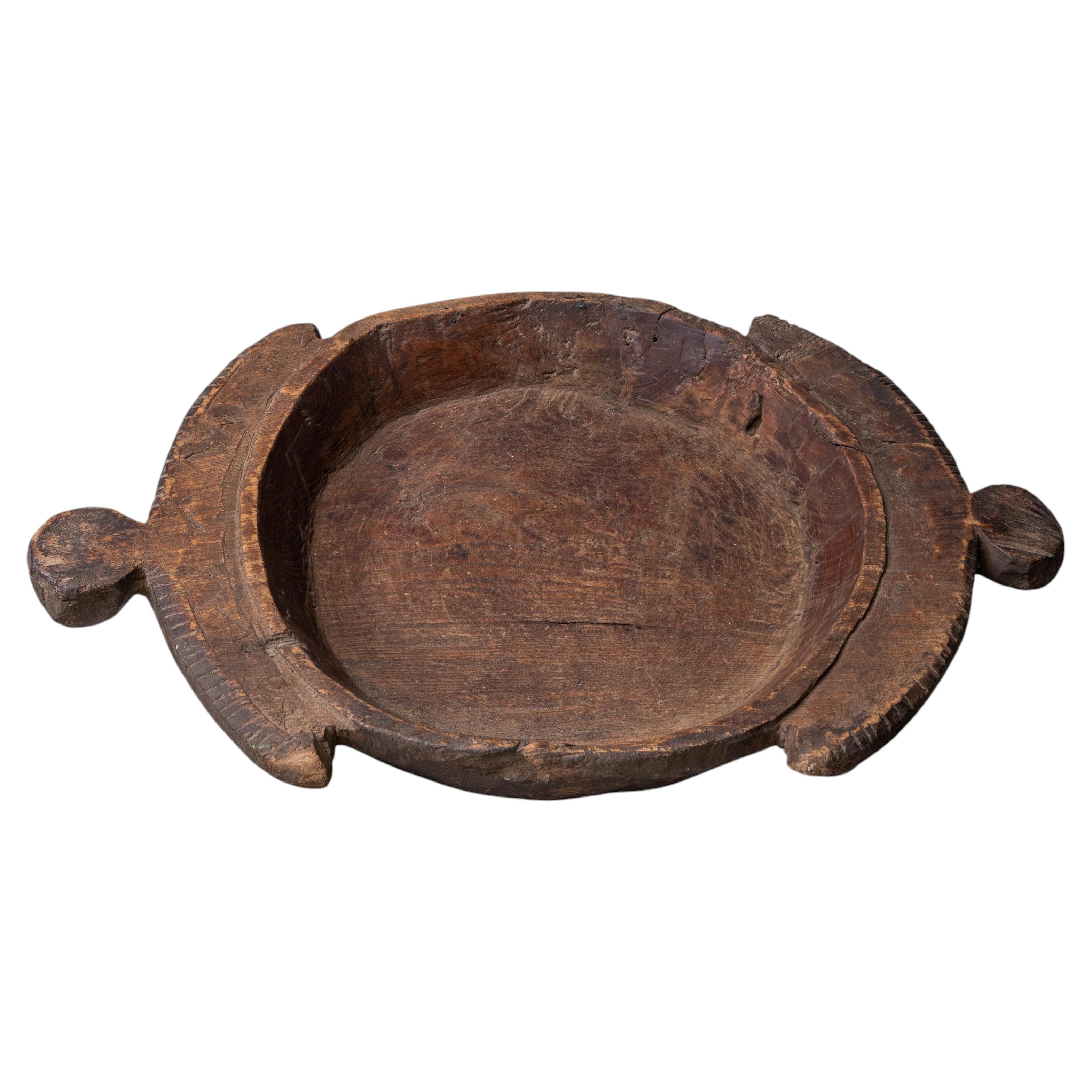 Vintage Nagaland Monoxyl Wooden Bowl with Carved Zoomorphic Handles