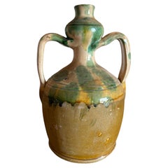 Double-Handled Ceramic Vessel with Sculptural Neck and Green and Ochre Glaze