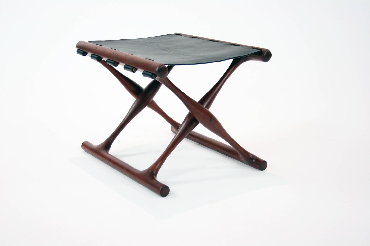 Poul Hundevad "Guldhoj" Teak and Black Leather Folding Stool at 1stdibs