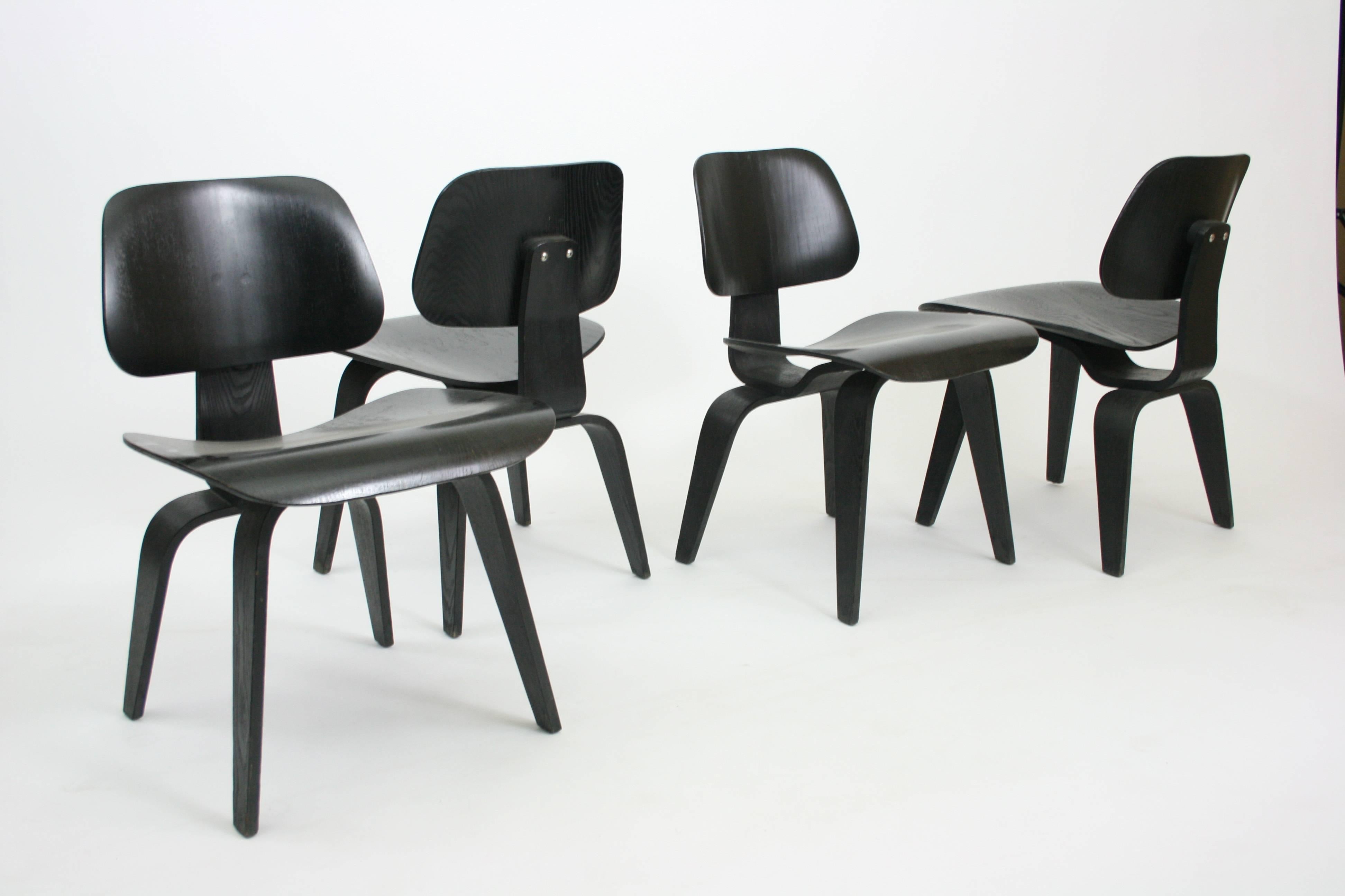 Molded Set of Four Early DCW Chairs by Eames for Evans Products