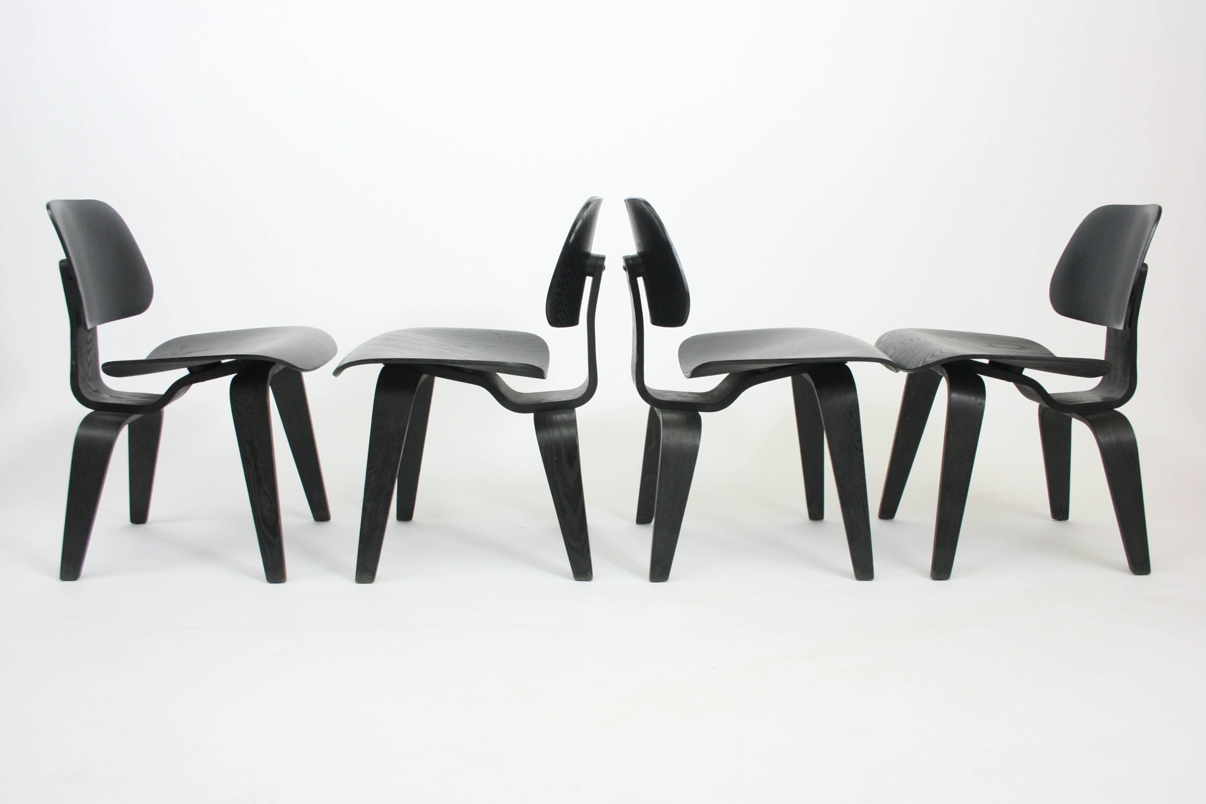 American Set of Four Early DCW Chairs by Eames for Evans Products