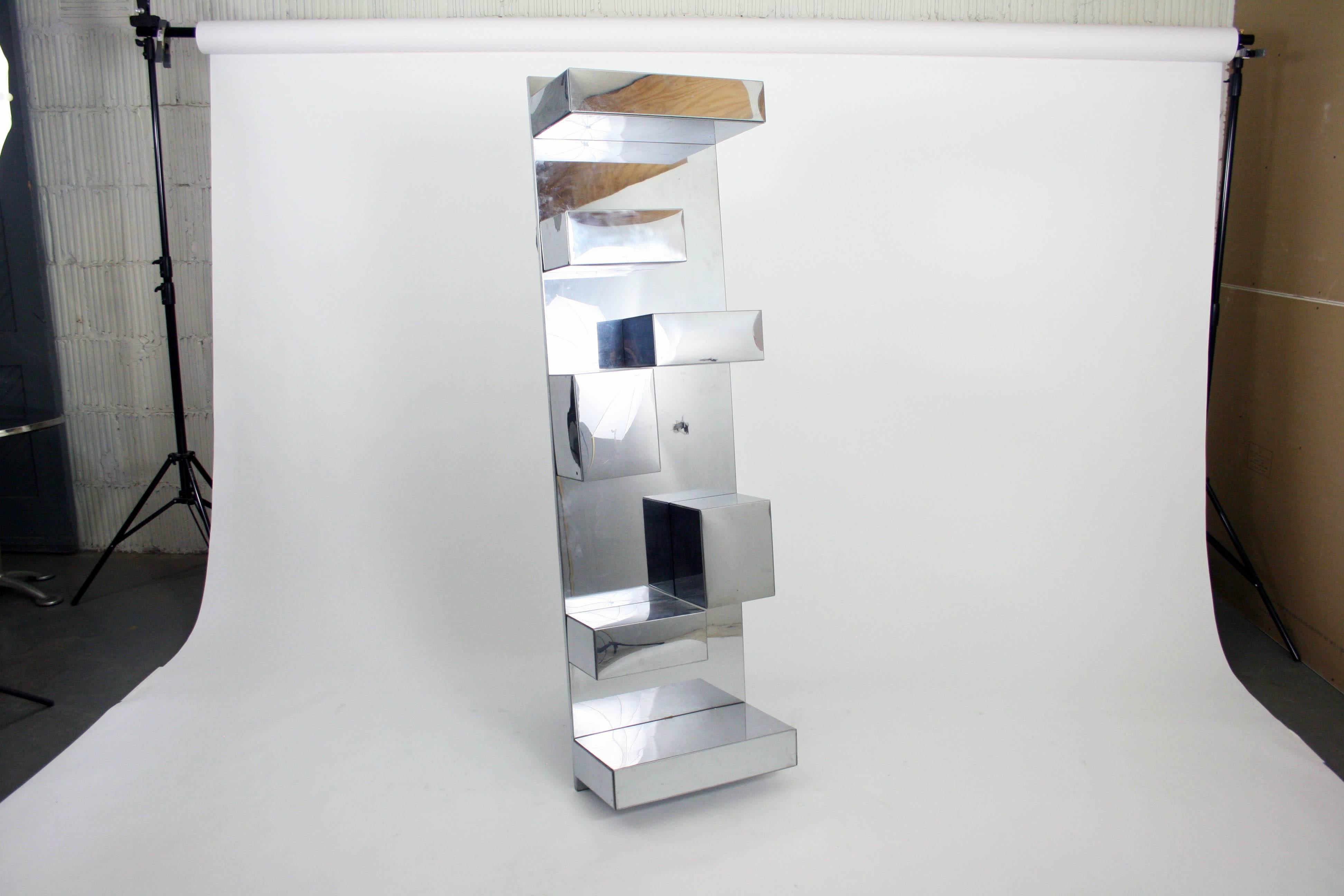 American 1970s Geometric Polished Metal Wall Sculpture, Shelf Attributed to Curis Jere