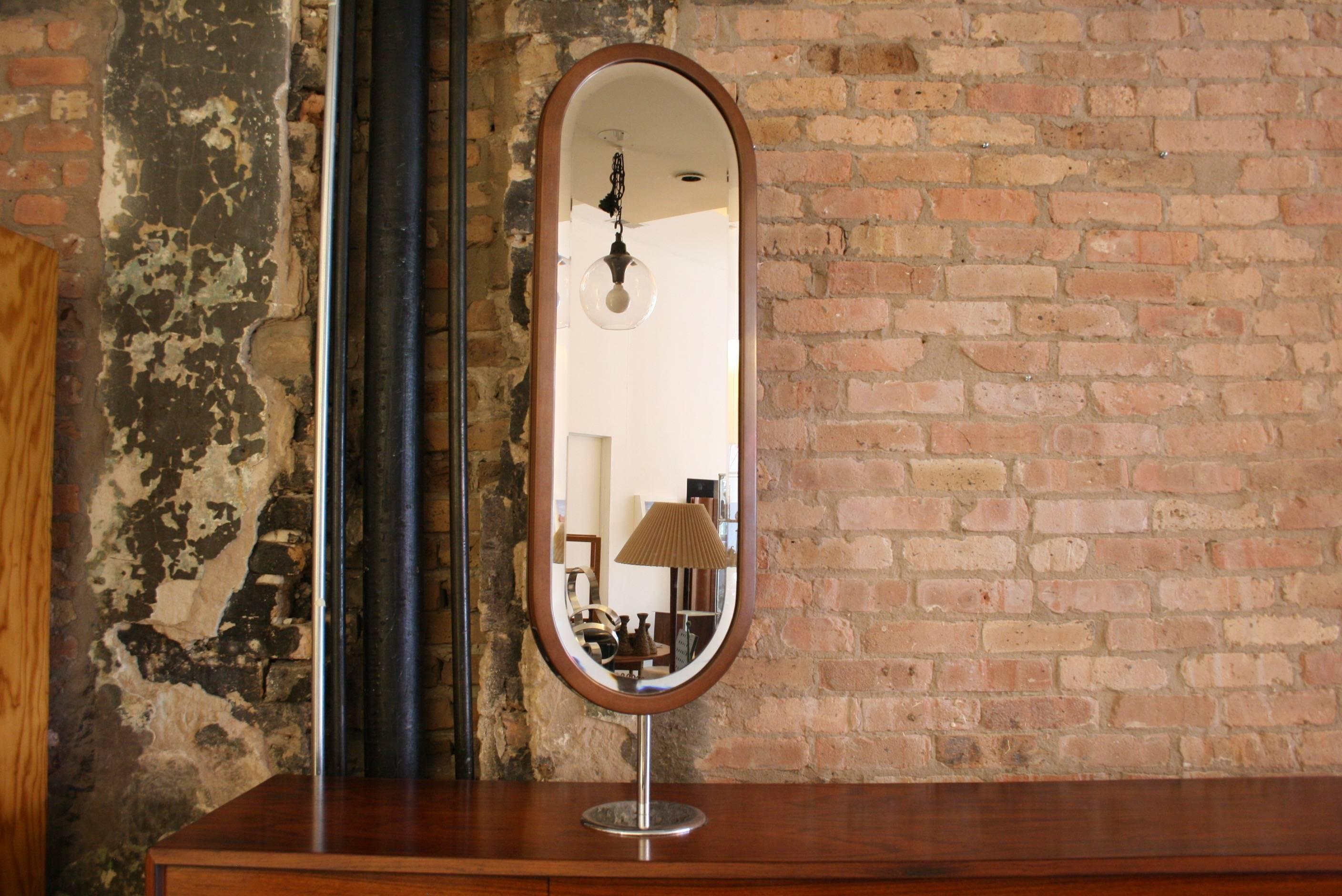 Italian Mid-Century Modern Walnut and Chromed Steel Tall Tabletop Mirror 1