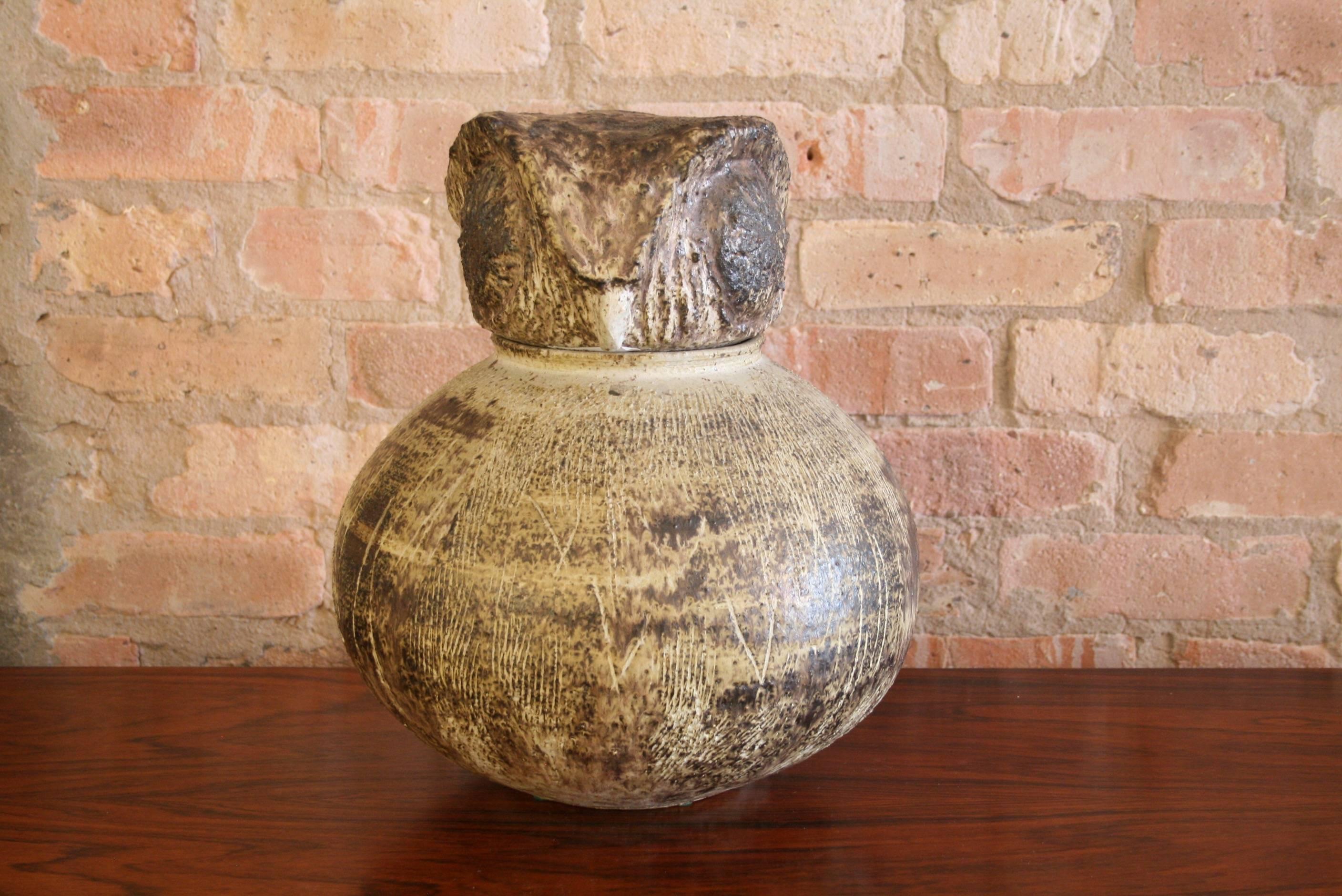Mid-Century Modern Large Mid-Century Studio Ceramic Lidded Owl Vessel, Edna Arnow