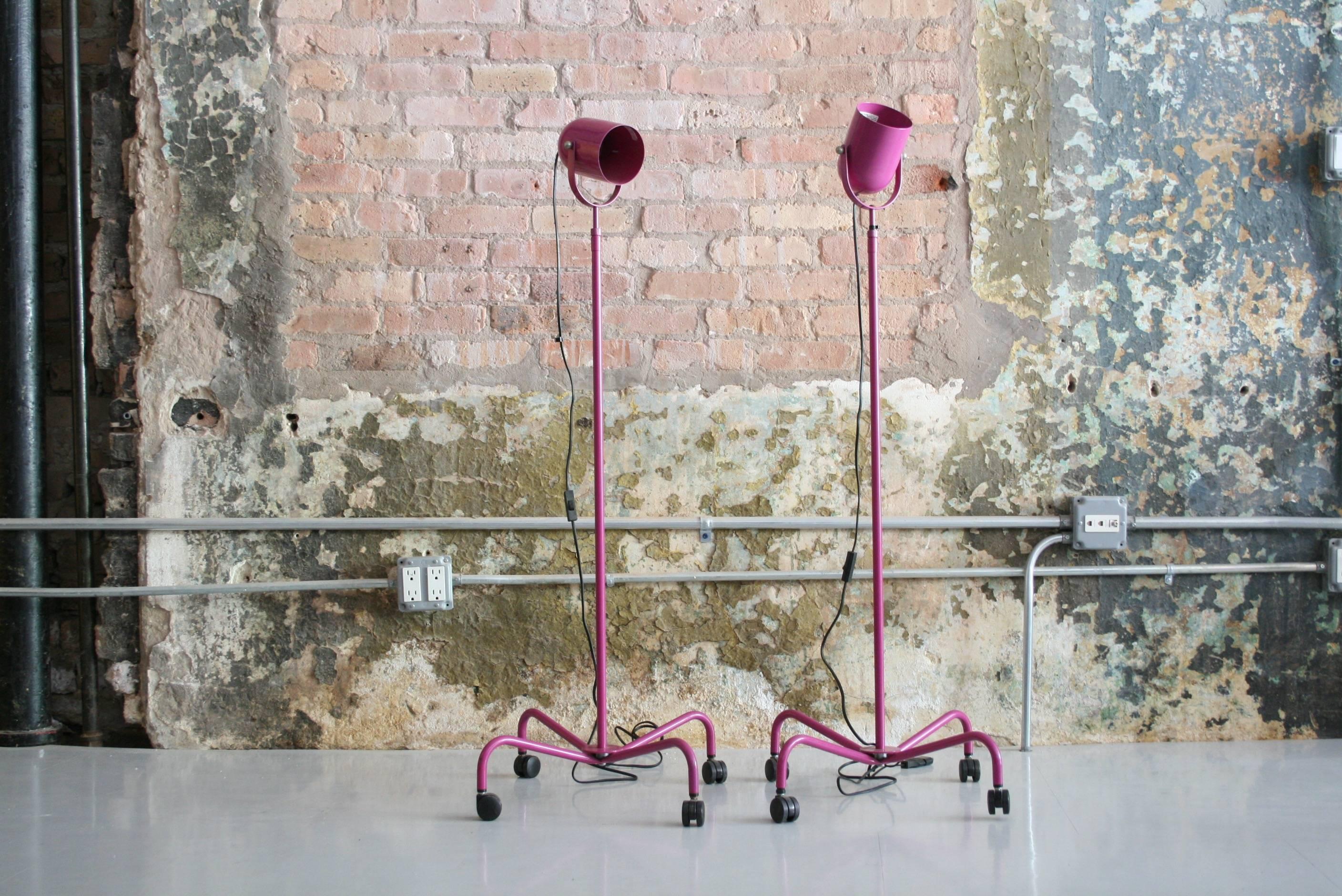 Amazing pair of Verner Panton "Panto Beam" Floor lamps on casters manufactured by Innovation, Denmark, 1998. These lamps are adjustable from a minimum of 45" to a maximum of 72".