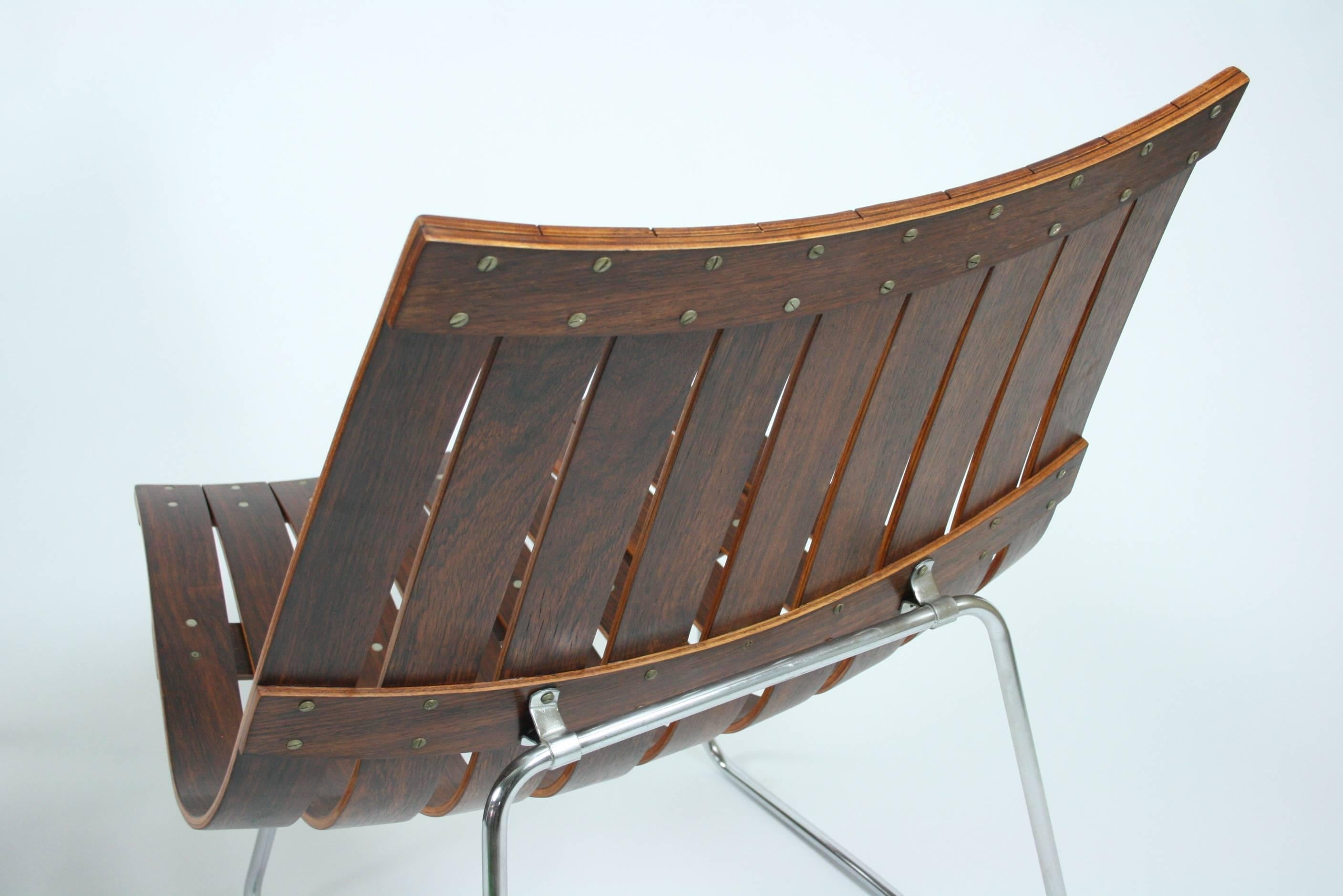 Steel Pair of Kjell Richardsen Tynes möbelfabrik, rosewood lounge chairs circa 1960