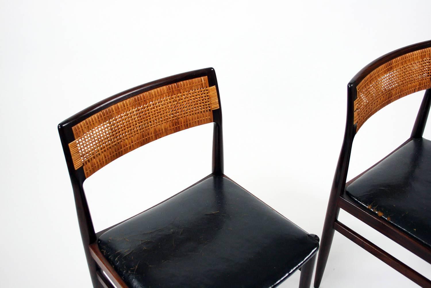 Danish Architect Erik Wørts Rosewood, Leather and Rattan Model W26 Side Chairs