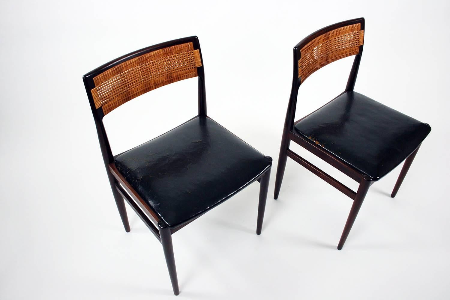 Mid-Century Modern Architect Erik Wørts Rosewood, Leather and Rattan Model W26 Side Chairs