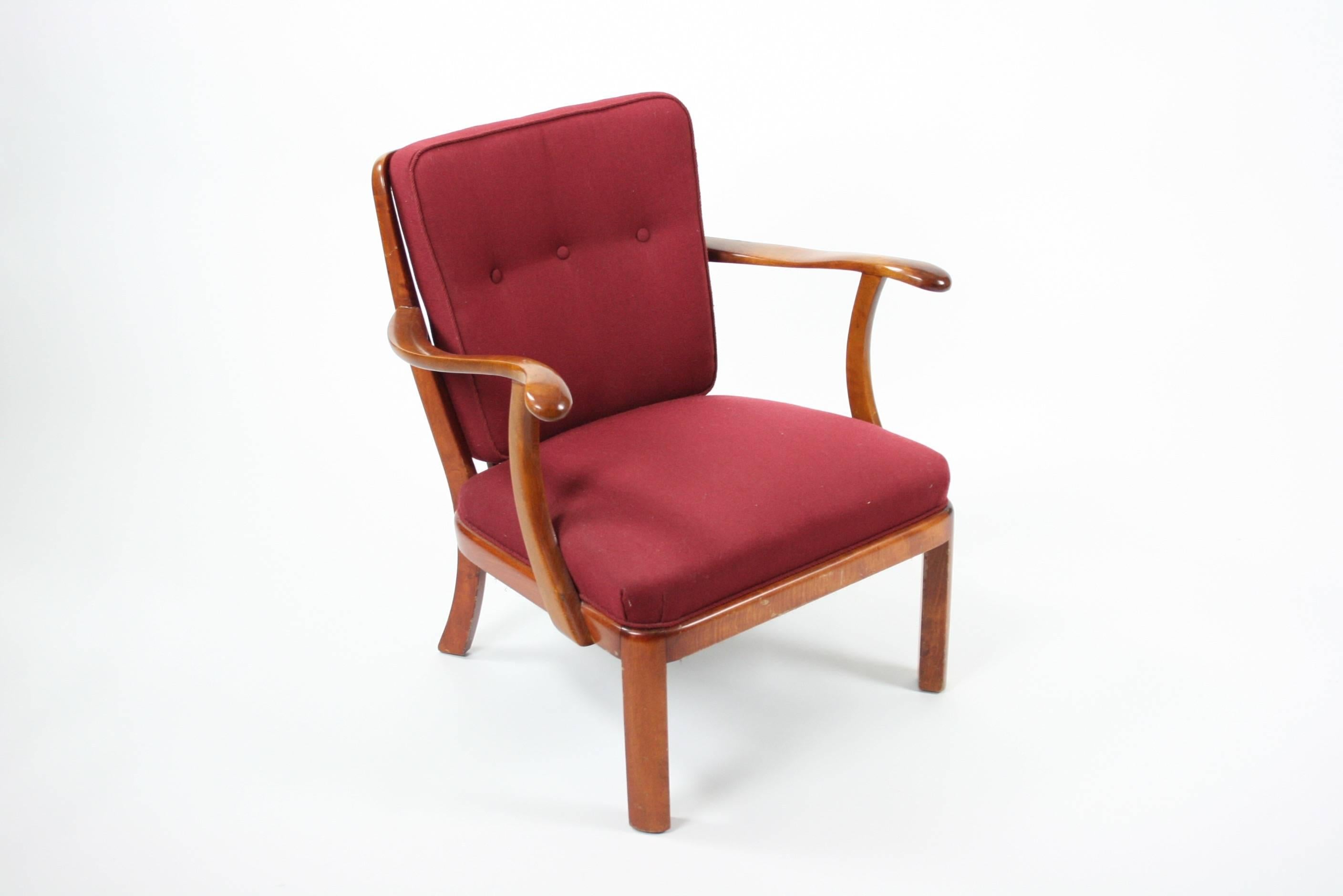 Upholstery Søren Hansen Lounge Chair Model 1628 Fritz Hansen Denmark, circa 1940