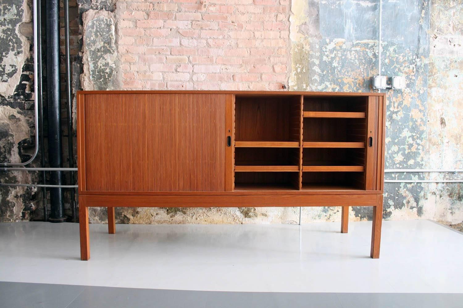 Mid-Century Modern Danish Two Sided Tambour Door Teak Credenza with Bookcase