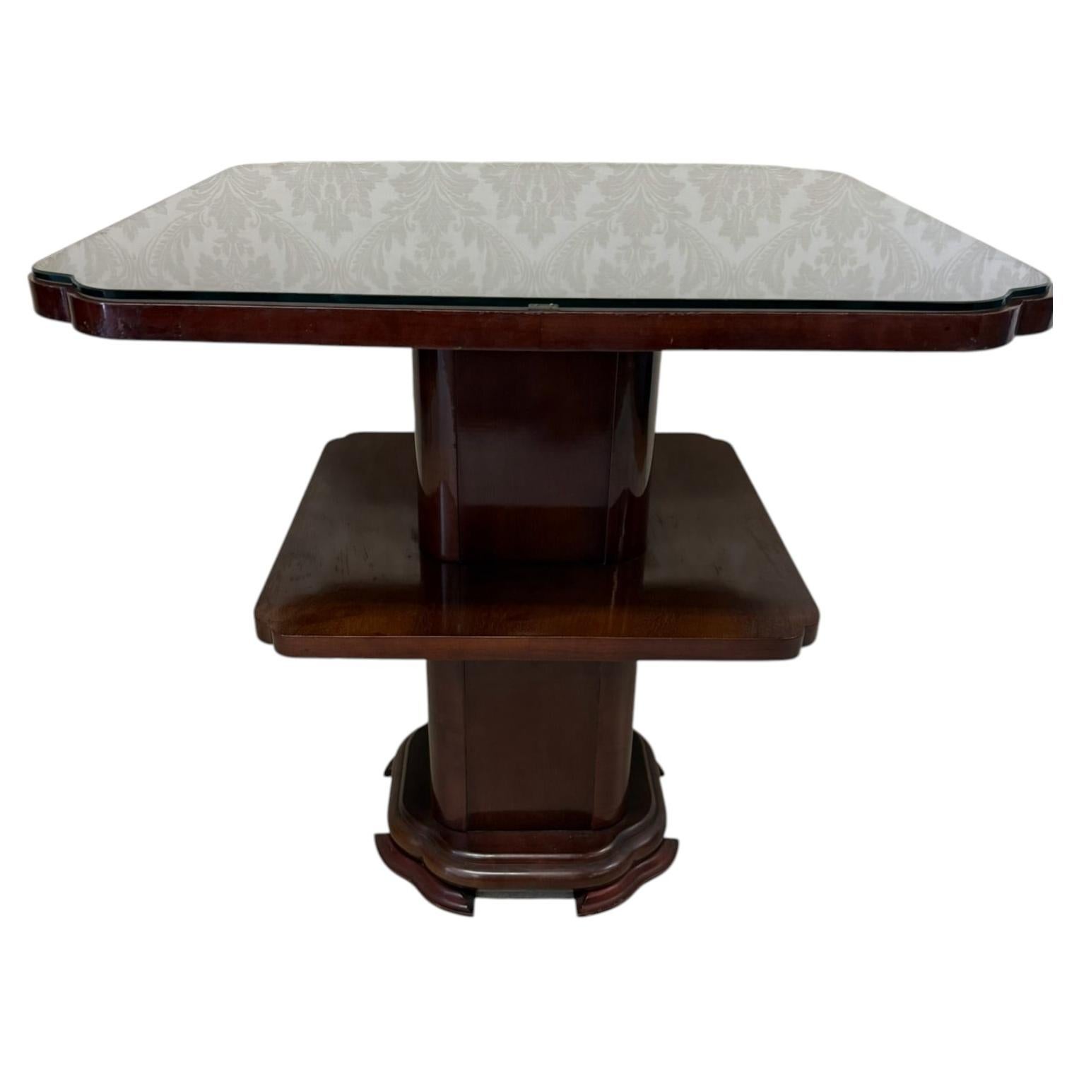 Mesa de comedor de caoba con pedestal, estilo Art Déco y tablero de cristal