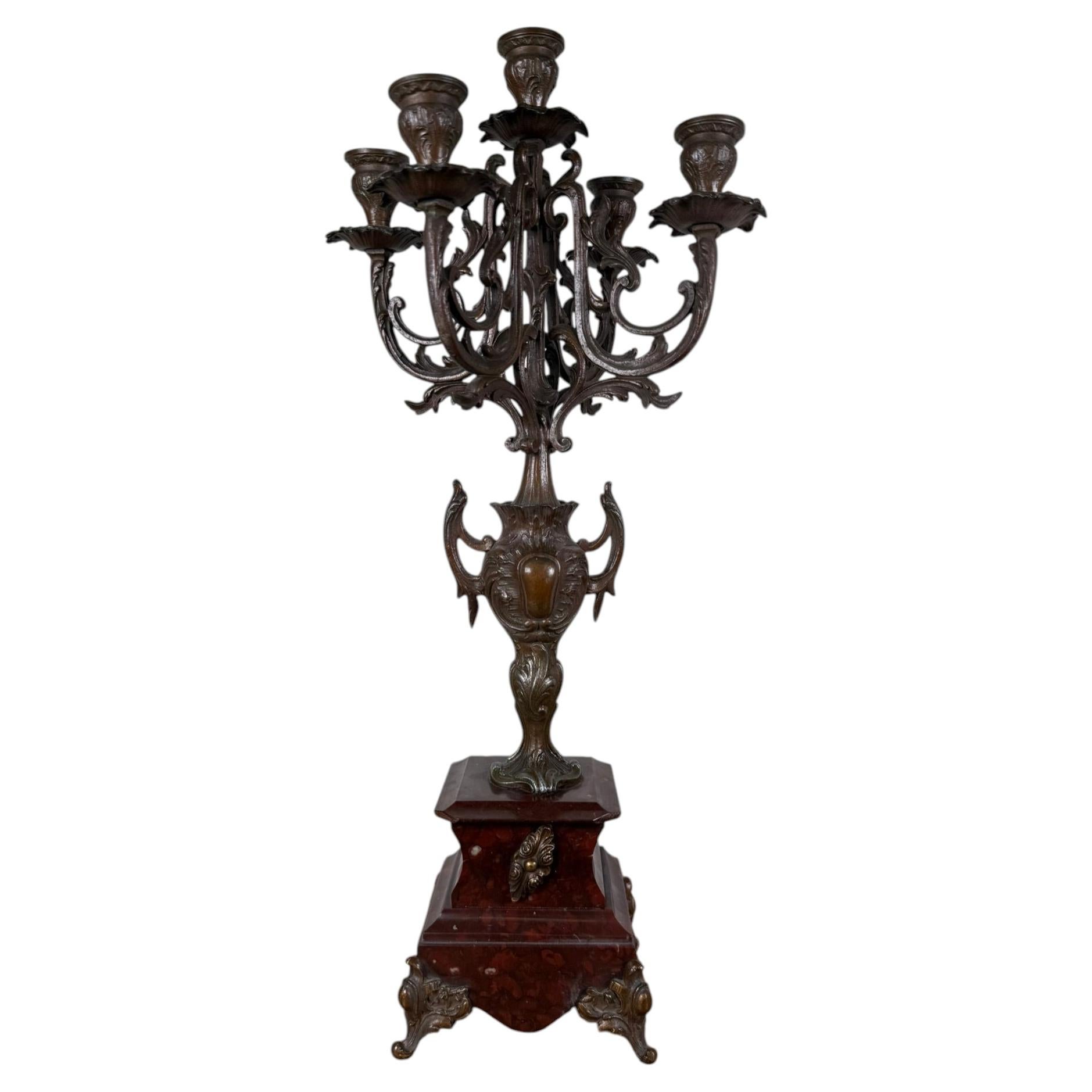 Antique Style Bronze Five-Arm Candelabra on Marble Base