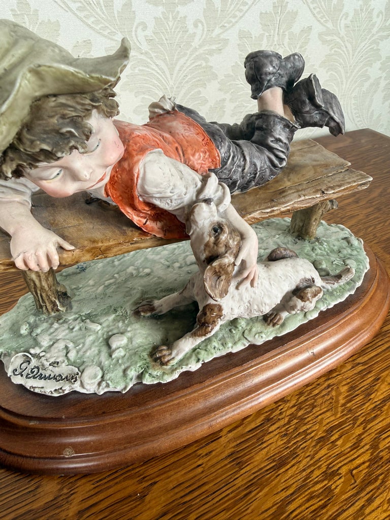 Italian Capodimonte Style Figure Boy with Dog on Bench, Giuseppe
