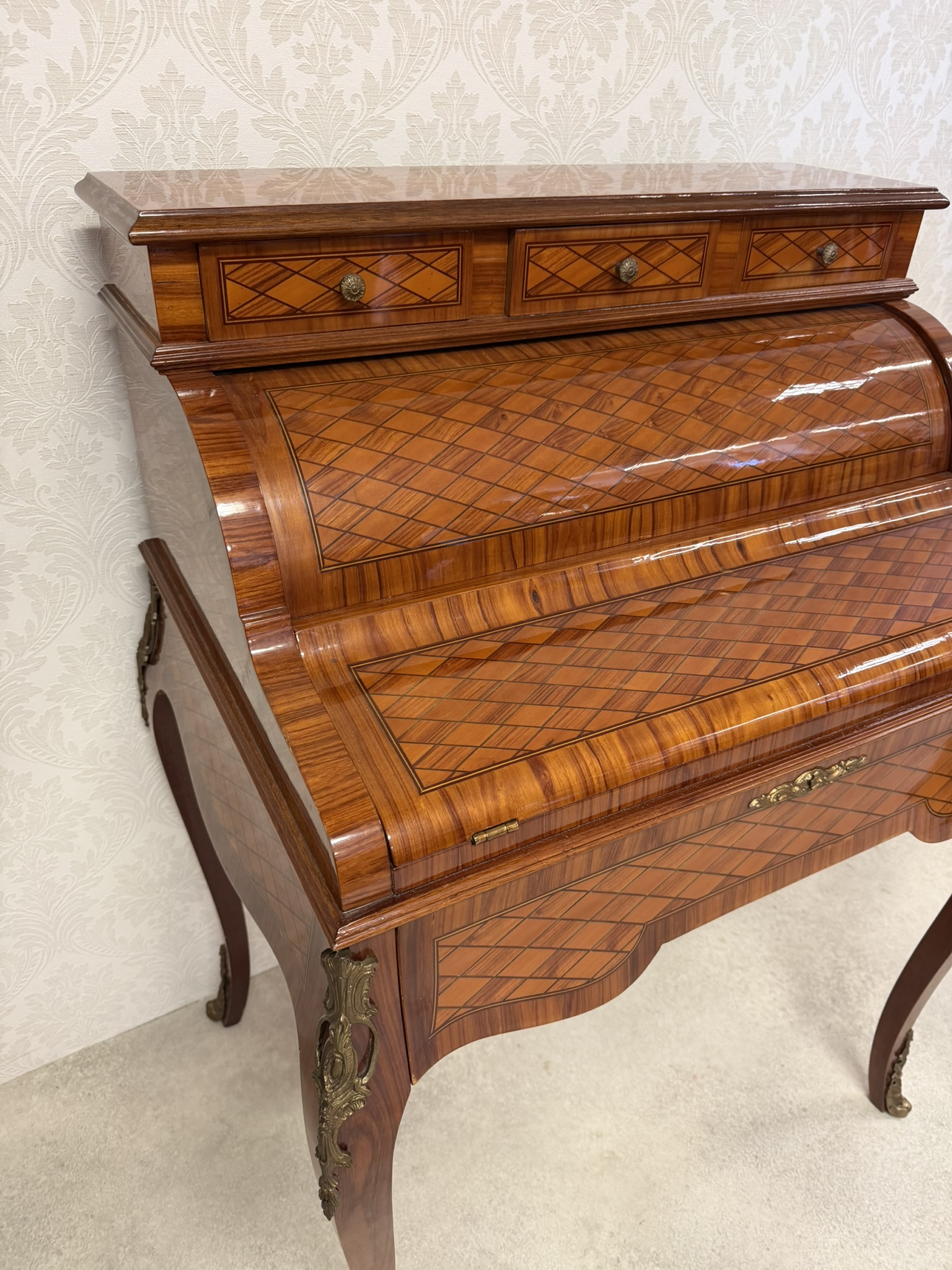 Antique French Louis XV Style Marquetry Cylinder Bureau Writing Desk