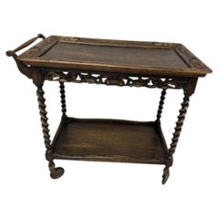Antique English Carved Oak Barley Twist Serving Cart with Removable Tray