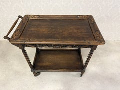 Antique English Carved Oak Barley Twist Serving Cart with Removable Tray