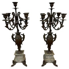 Coppia di candelabri antichi in bronzo a cinque bracci su basi in marmo