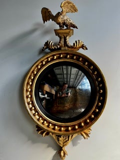 Petite 18th C. English Girandole or Convex Giltwood Mirror with Eagle