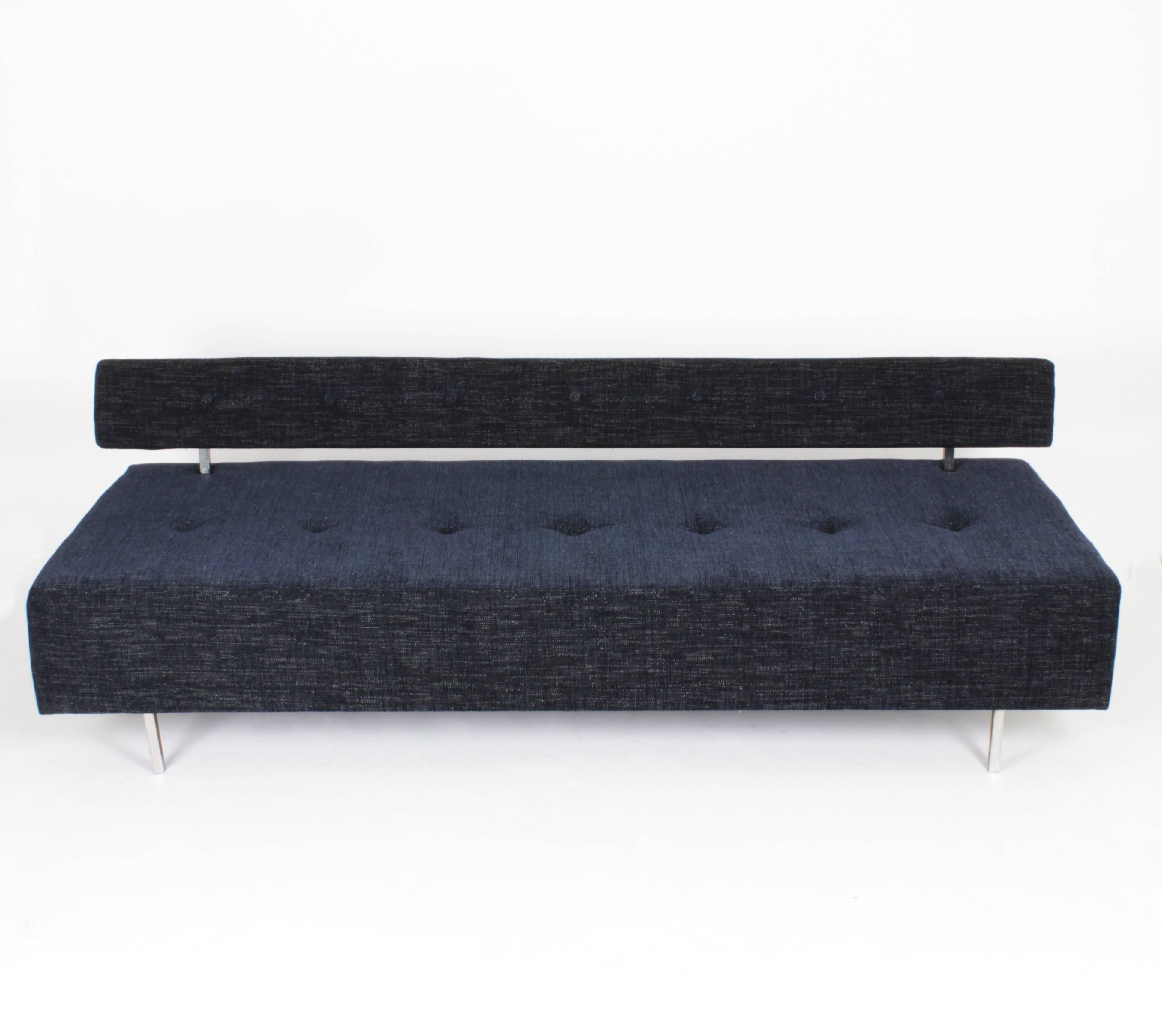 AR-1 sofa by Janine Abraham and Dirk Jan Rol, edited by Les Huchers Minvielle, France, circa 1959-1960.

Newly upholstered in blue fabric, chromed metal.