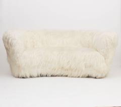 Three-Seat Curved Sofa by Slagelse, in White Sheepskin Denmark, circa 1940