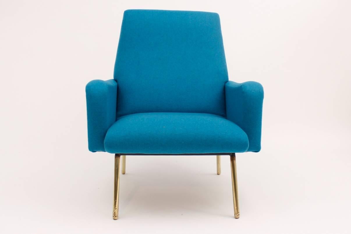 Pair of Gerard Guermonprez Armchairs Blue Fabric, France, circa 1950 In Excellent Condition In Saint-Ouen, FR