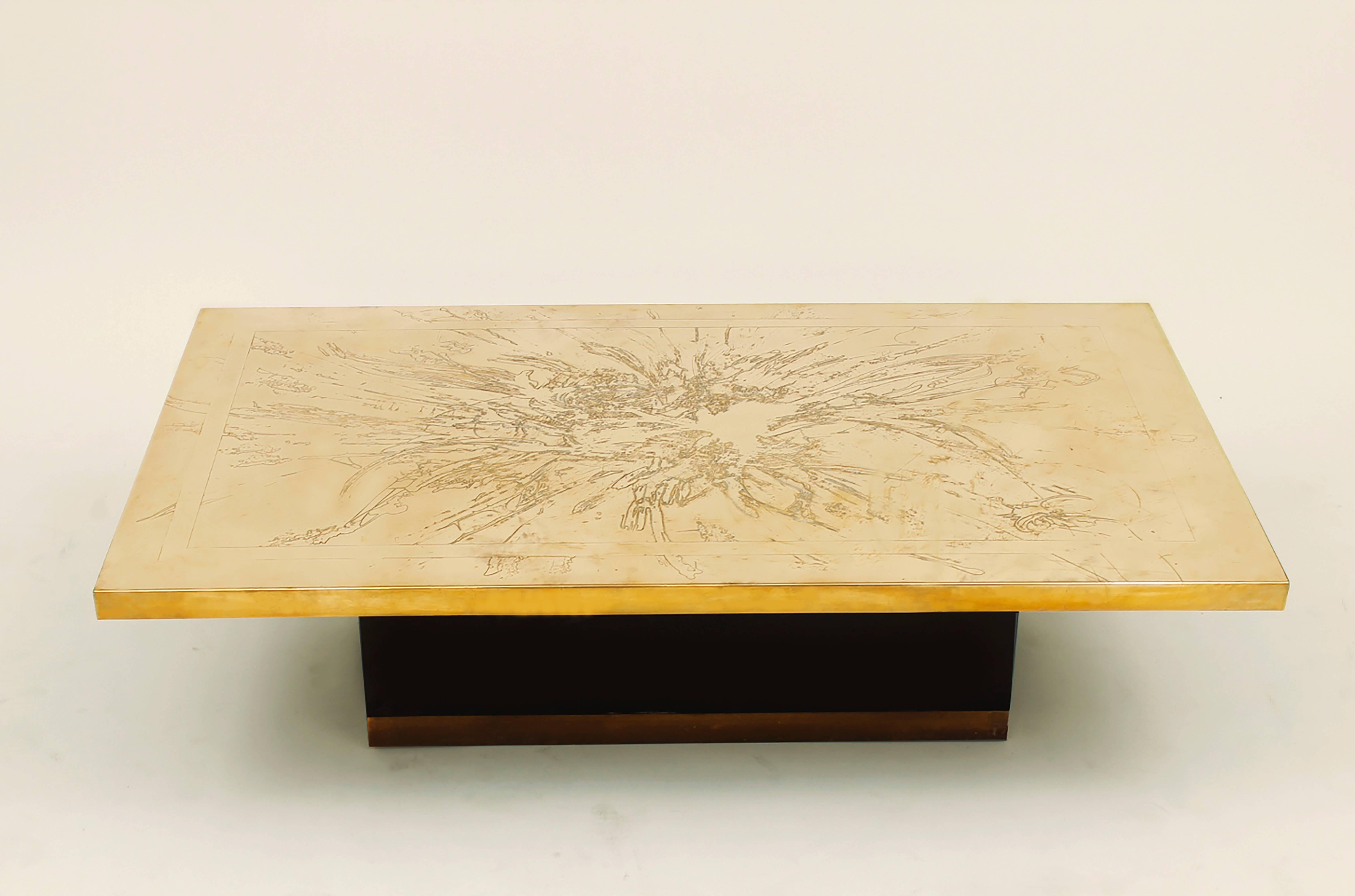 Coffee table by Albert Verneuil, Belgium, circa 1970. Etched brass and black laminated wood.
 
