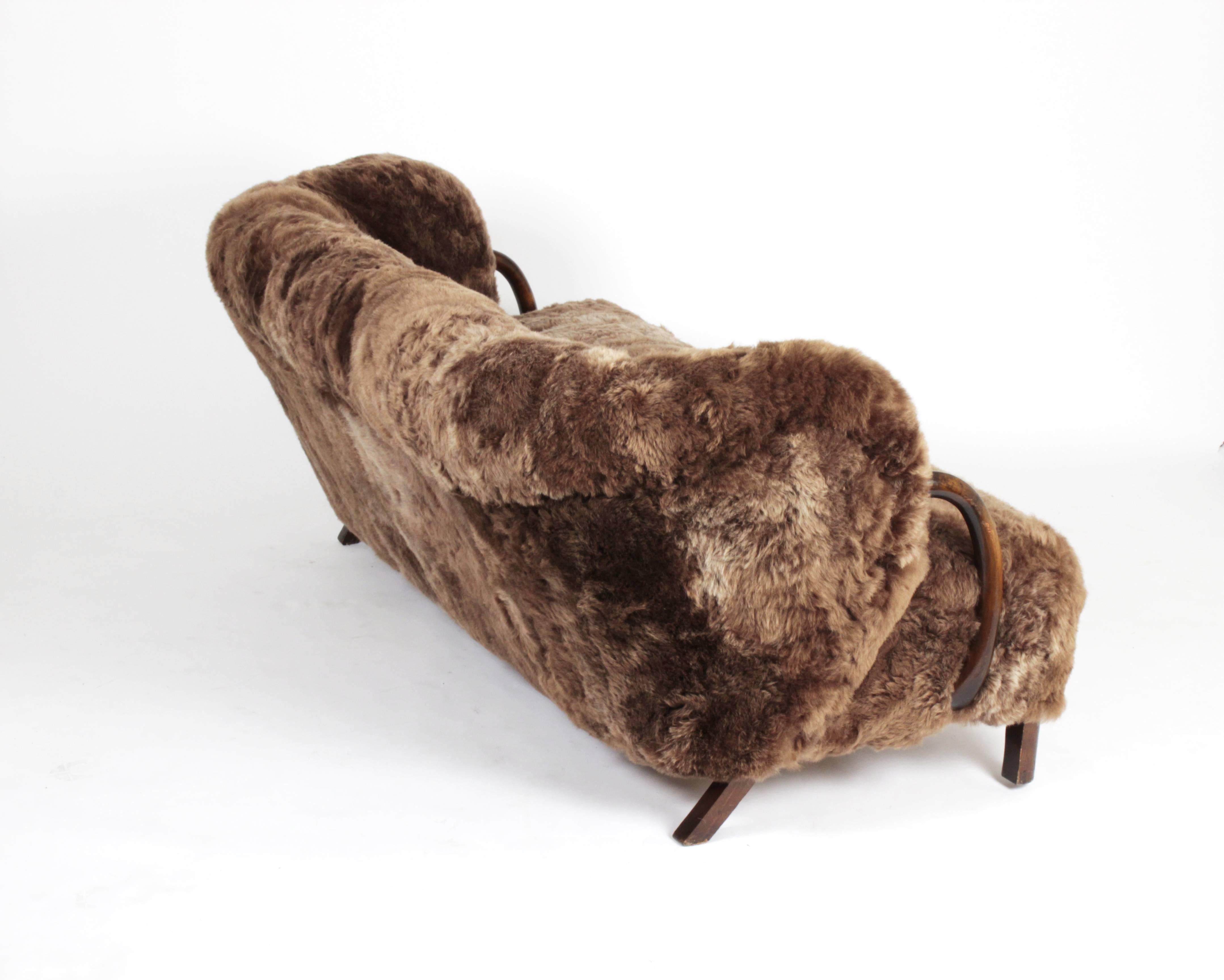 Scandinavian Modern Three-Seat Sofa in Brown Icelandic Sheepskin by Viggo Boesen, Denmark