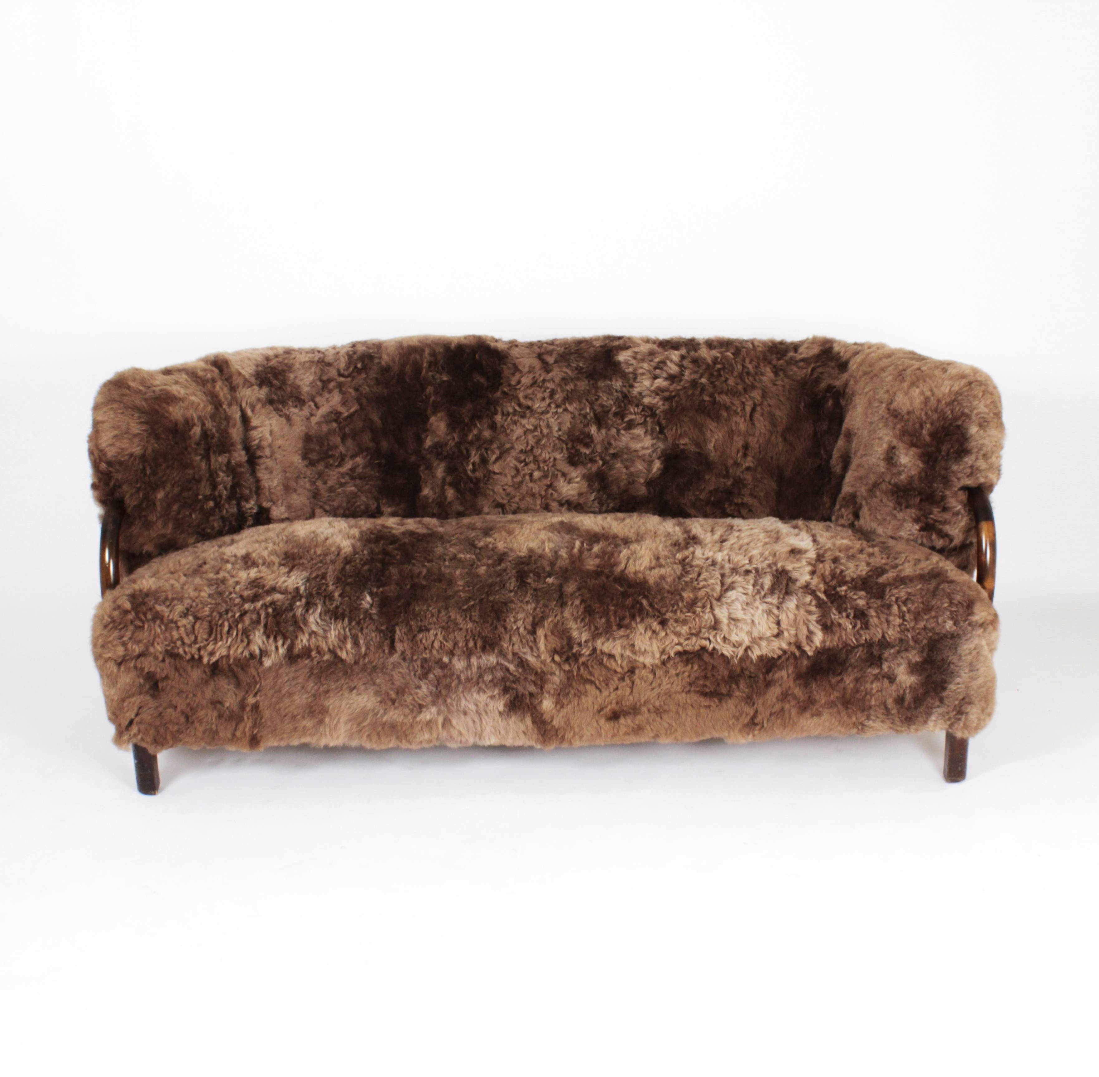 Stained Three-Seat Sofa in Brown Icelandic Sheepskin by Viggo Boesen, Denmark